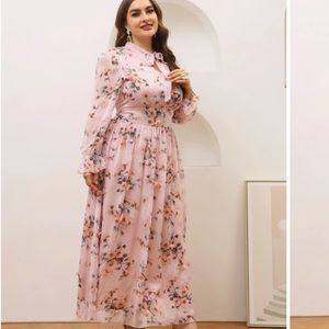Floral Chiffon L/S Romantic Feminine VNeck Pink Maxi Formal Date Night Party 1X
